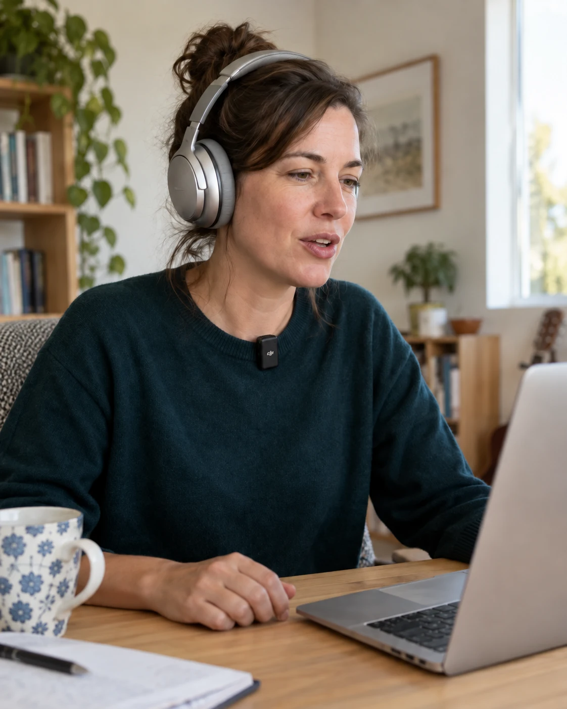 A woman wearing headphones and a small clip-on microphone dictates at her laptop in a sunlit home office.